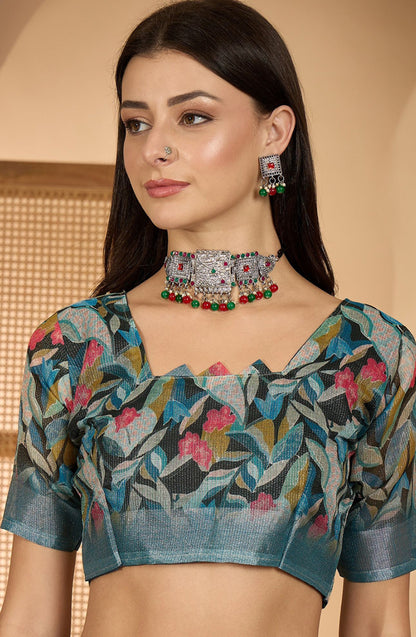 Teal Floral Linen Cotton Saree With Blue Border by Women for Women