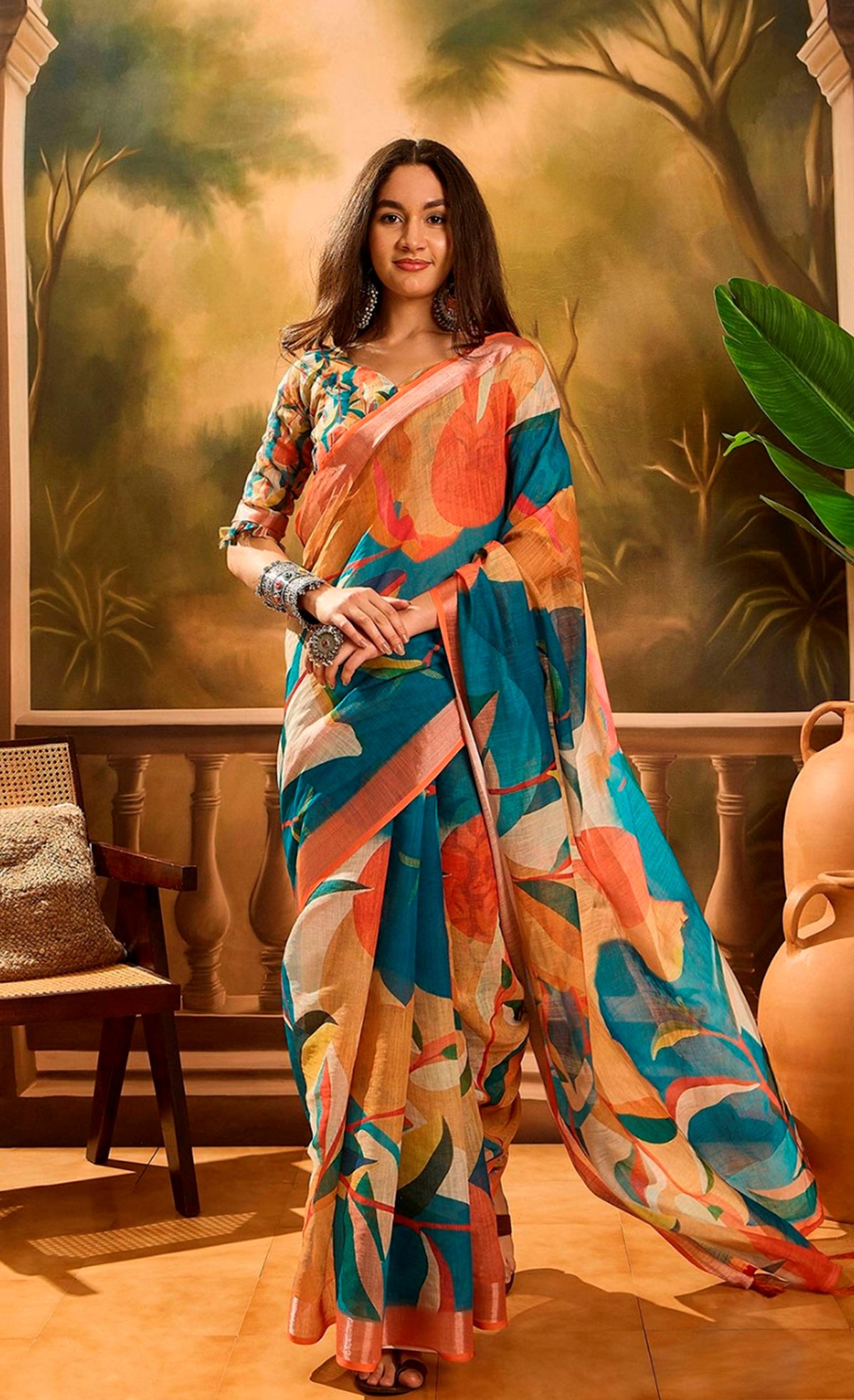Teal Orange Floral Linen Cotton Saree With Blouse for Women