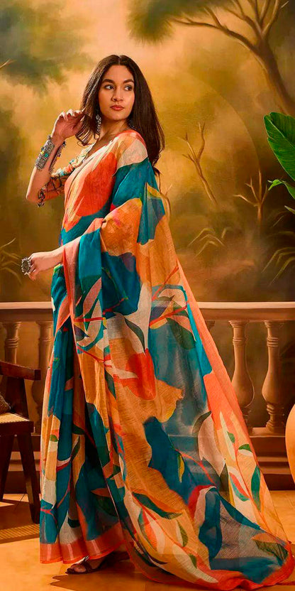 Teal Orange Floral Linen Cotton Saree With Blouse for Women