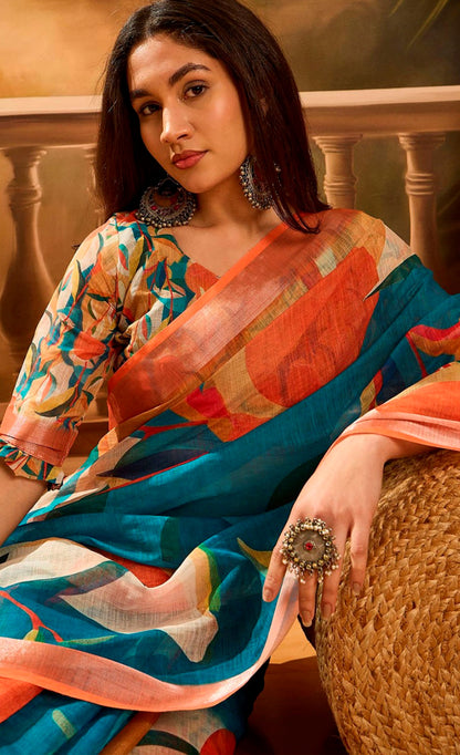 Teal Orange Floral Linen Cotton Saree With Blouse for Women