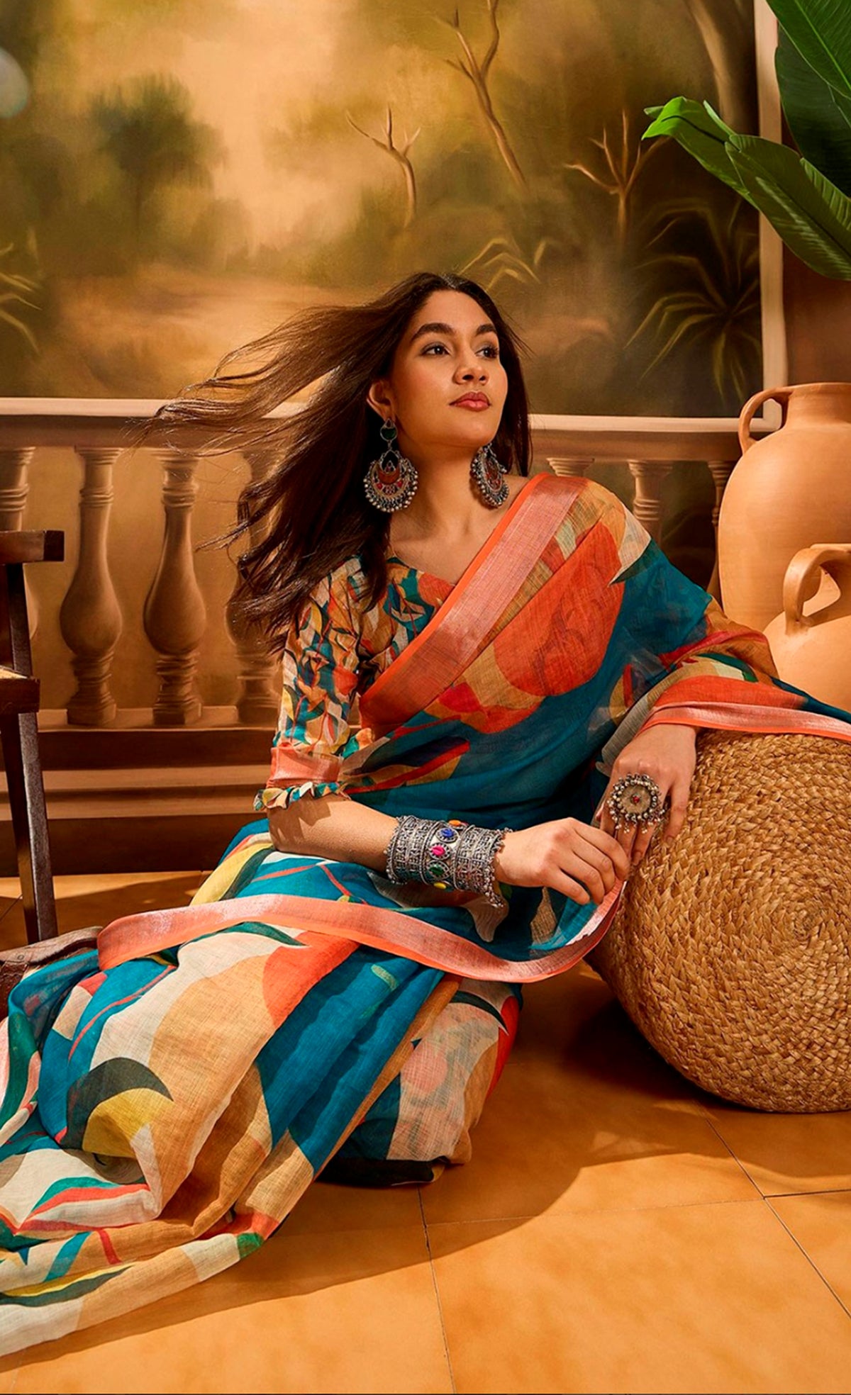 Teal Orange Floral Linen Cotton Saree With Blouse for Women
