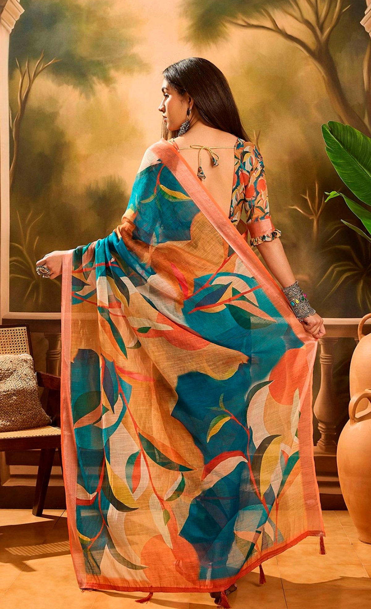 Teal Orange Floral Linen Cotton Saree With Blouse for Women