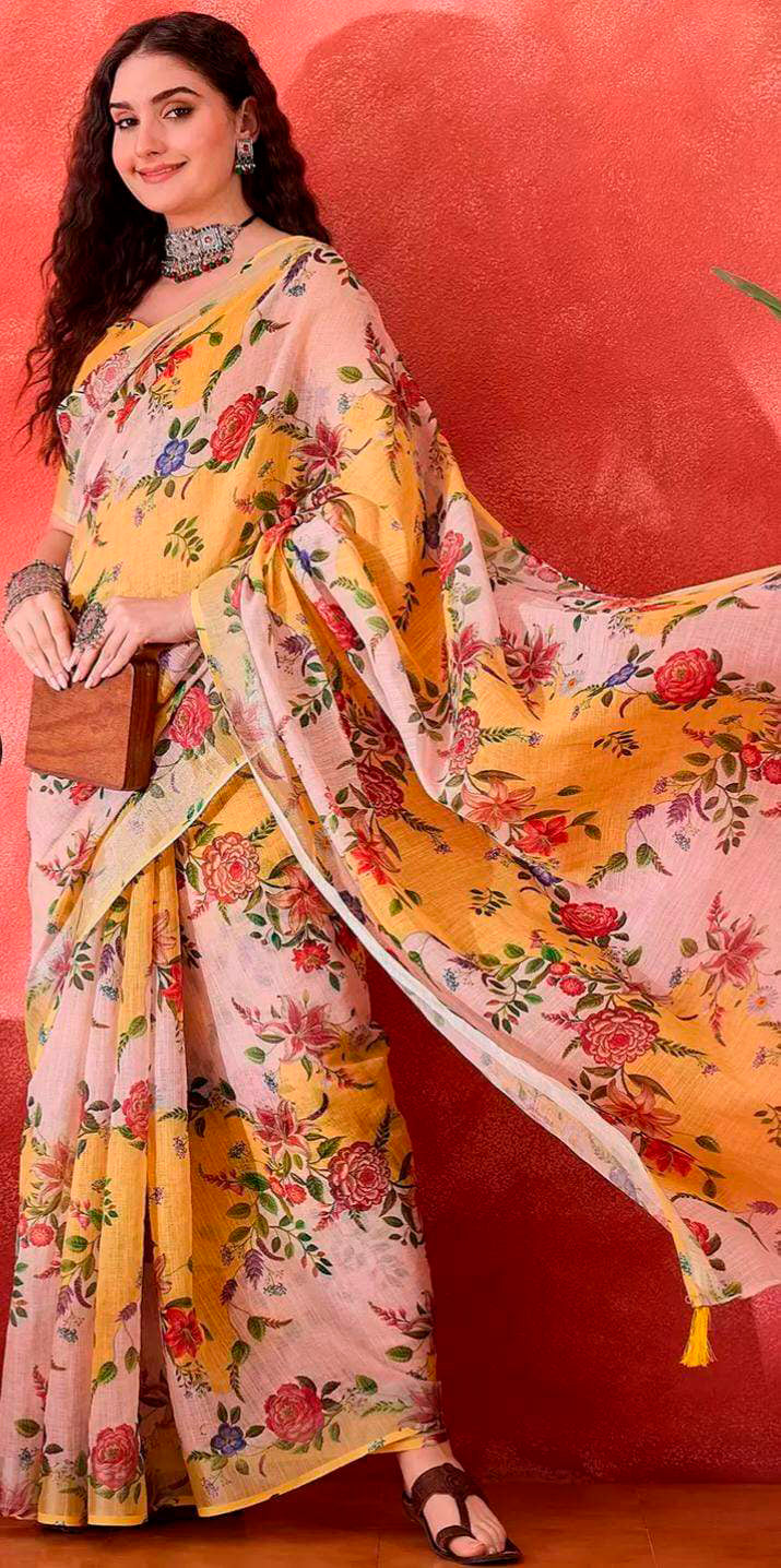 Mustard Floral Linen Cotton Saree with Unstitched Blouse for Women