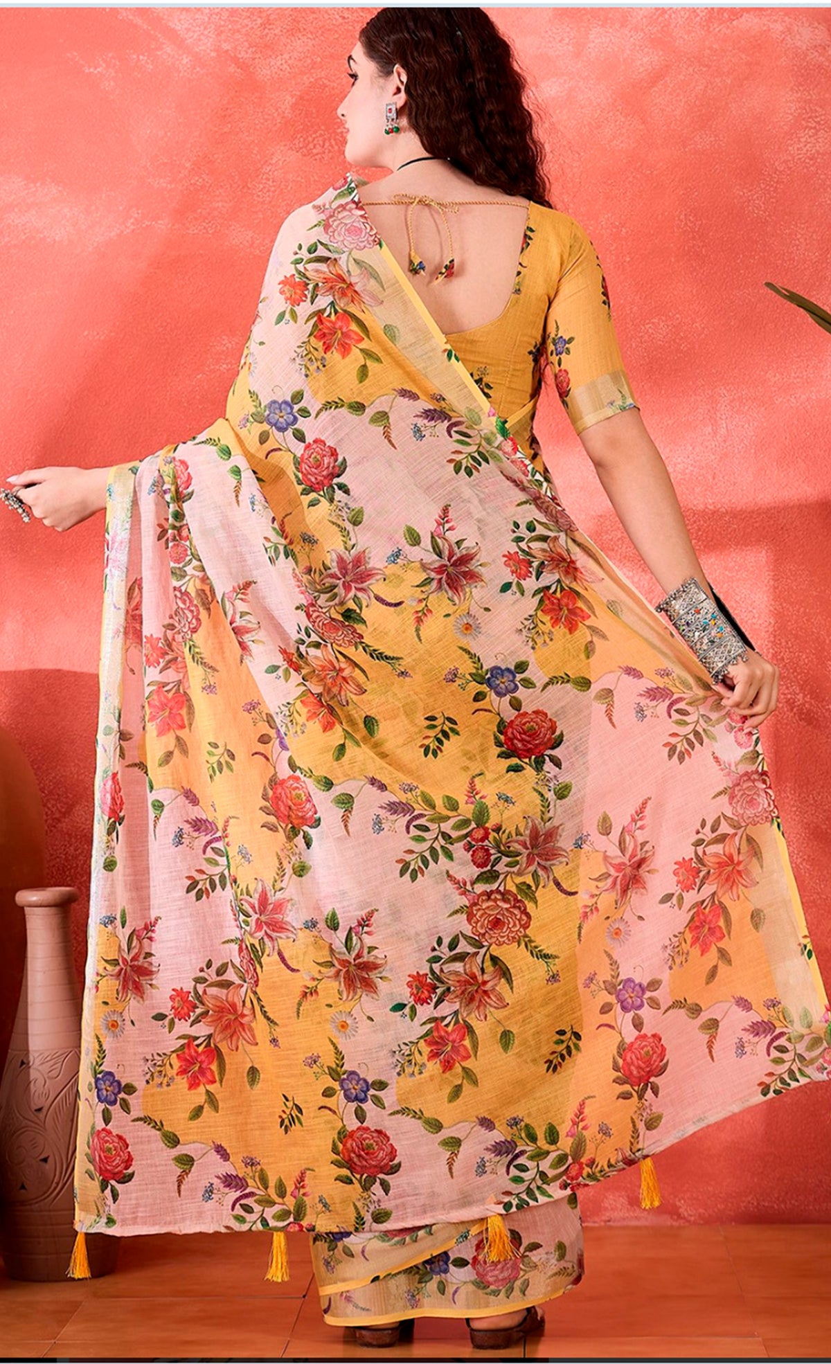Mustard Floral Linen Cotton Saree with Unstitched Blouse for Women