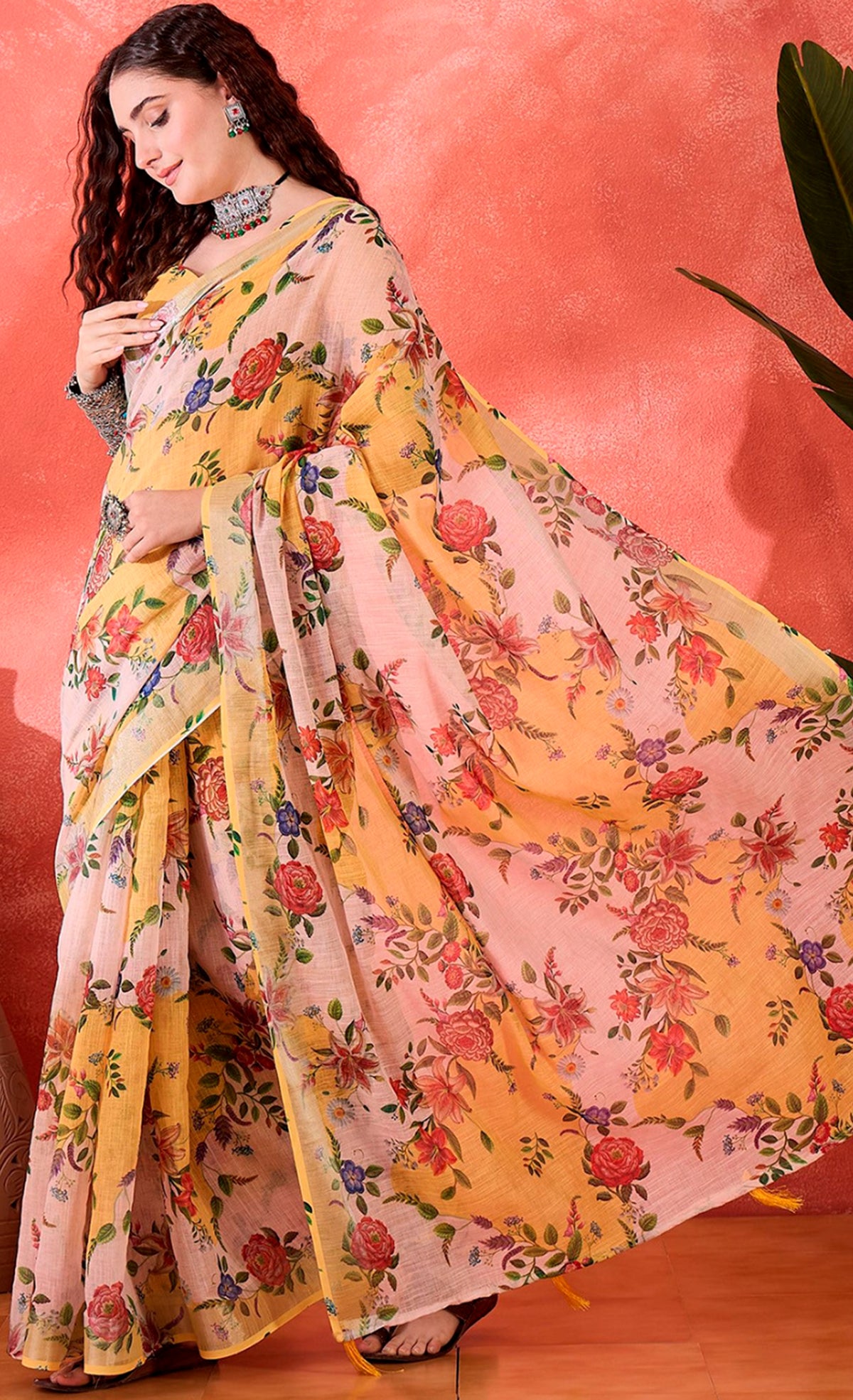 Mustard Floral Linen Cotton Saree with Unstitched Blouse for Women