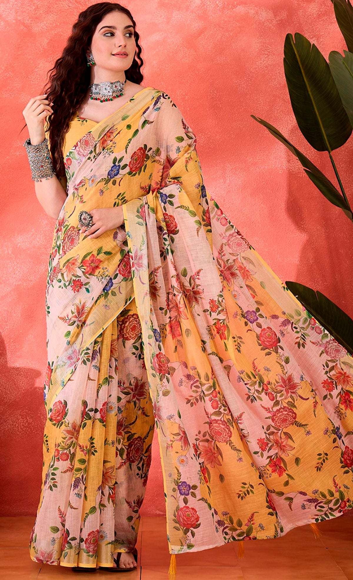 Mustard Floral Linen Cotton Saree with Unstitched Blouse for Women