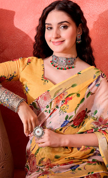 Mustard Floral Linen Cotton Saree with Unstitched Blouse for Women
