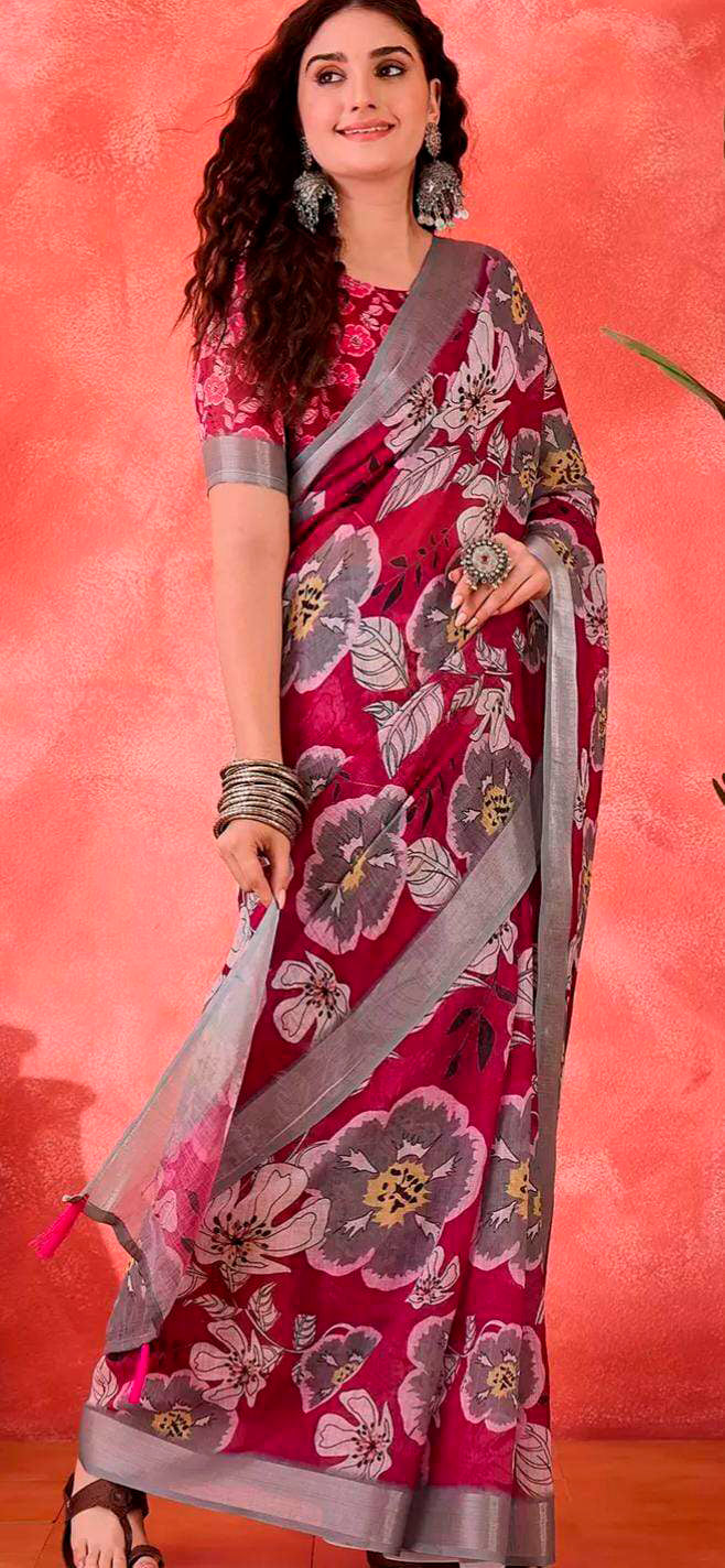 Pink Floral Print Linen Cotton Saree with Contrast Blue Border