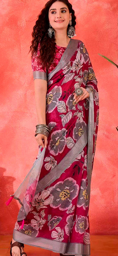 Pink Floral Print Linen Cotton Saree with Contrast Blue Border