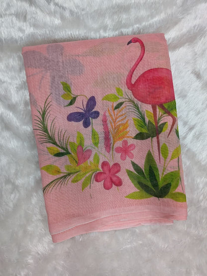 Blush Pink Flamingo Floral Print Linen Cotton Saree for Women