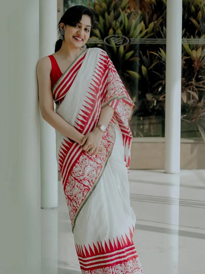 Ivory Red Folk Art Print Linen Cotton Saree for Women