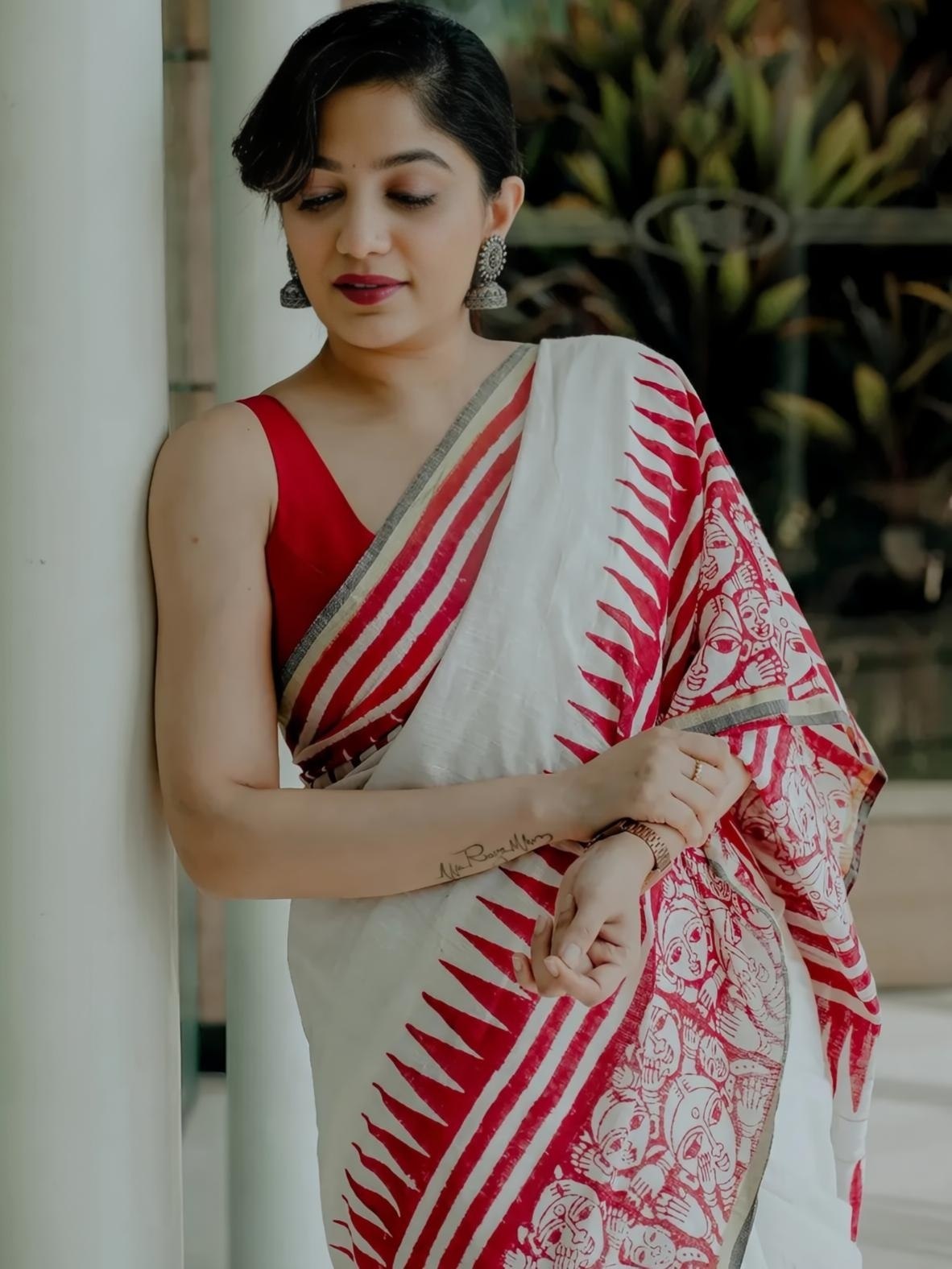 Ivory Red Folk Art Print Linen Cotton Saree for Women
