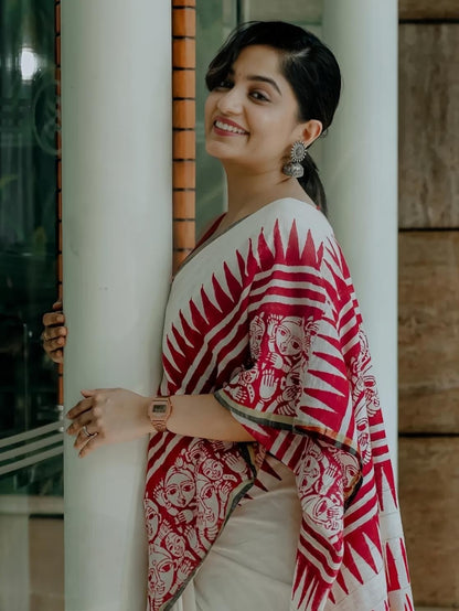 Ivory Red Folk Art Print Linen Cotton Saree for Women