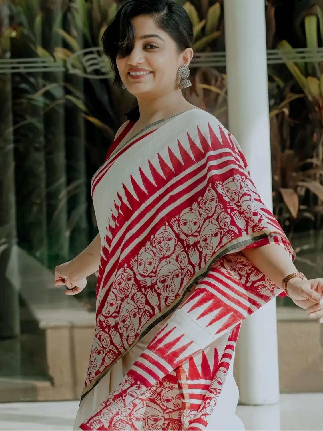 Ivory Red Folk Art Print Linen Cotton Saree for Women