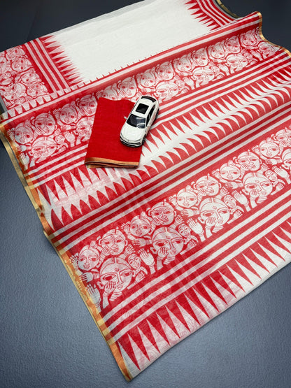 Ivory Red Folk Art Print Linen Cotton Saree for Women