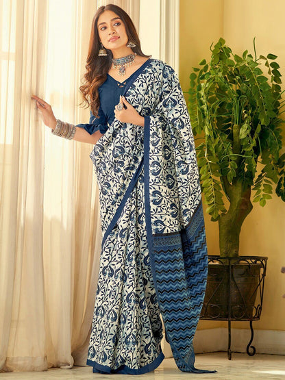 Ivory Indigo Floral Linen Cotton Saree with Chevron Pallu for Women