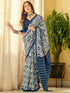 Ivory Indigo Floral Linen Cotton Saree with Chevron Pallu for Women