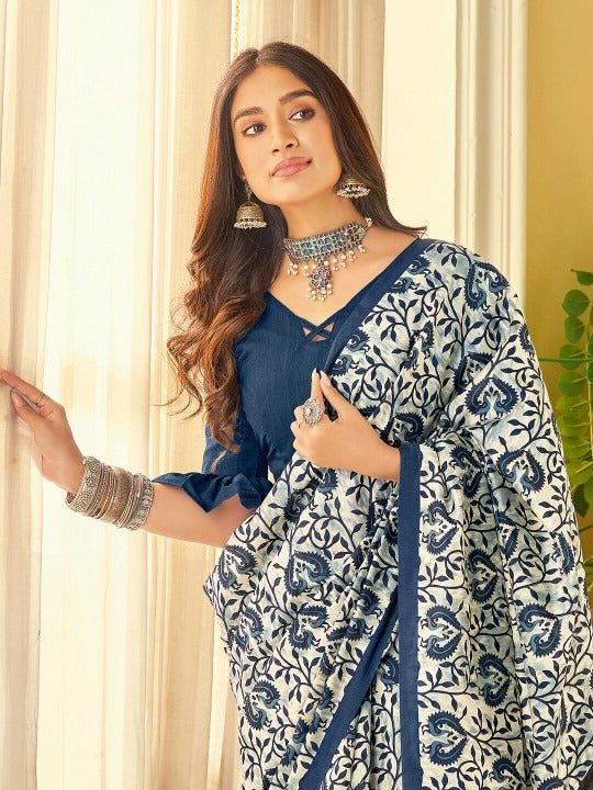 Ivory Indigo Floral Linen Cotton Saree with Chevron Pallu for Women