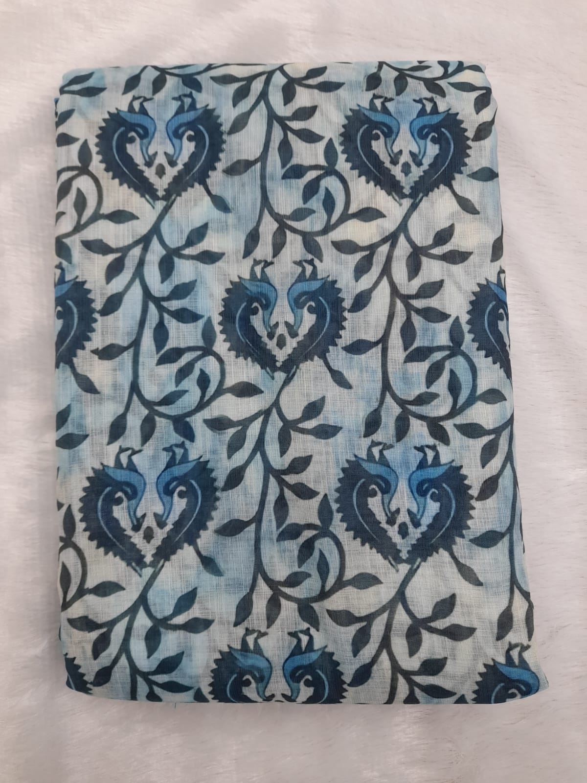 Ivory Indigo Floral Linen Cotton Saree with Chevron Pallu for Women