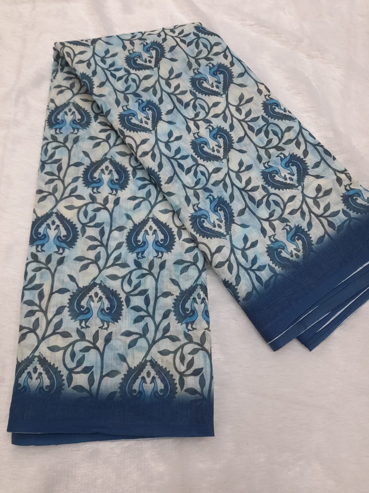 Ivory Indigo Floral Linen Cotton Saree with Chevron Pallu for Women