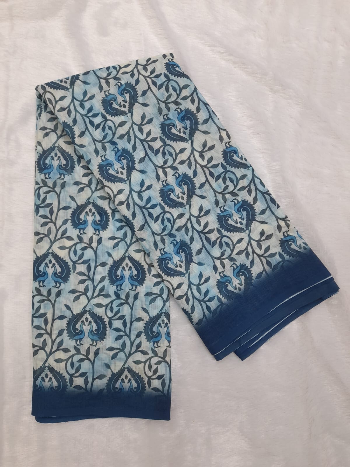Ivory Indigo Floral Linen Cotton Saree with Chevron Pallu for Women