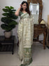 Ivory Olive Floral Linen Cotton Saree with Tasselled Pallu for Women