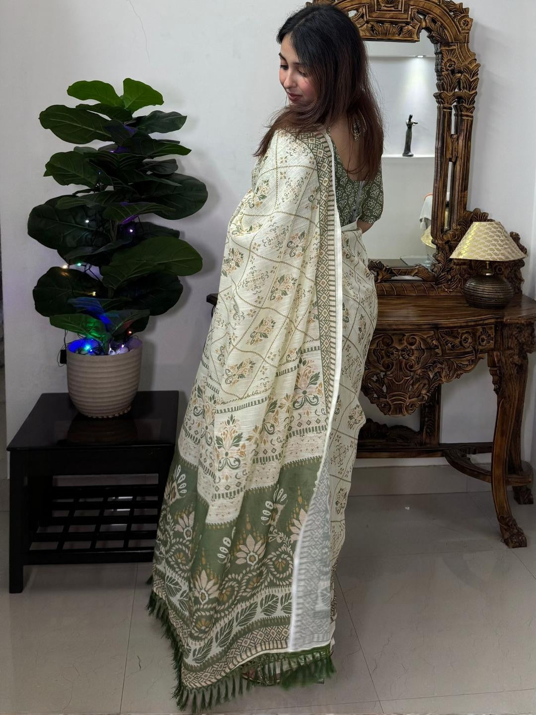 Ivory Olive Floral Linen Cotton Saree with Tasselled Pallu for Women
