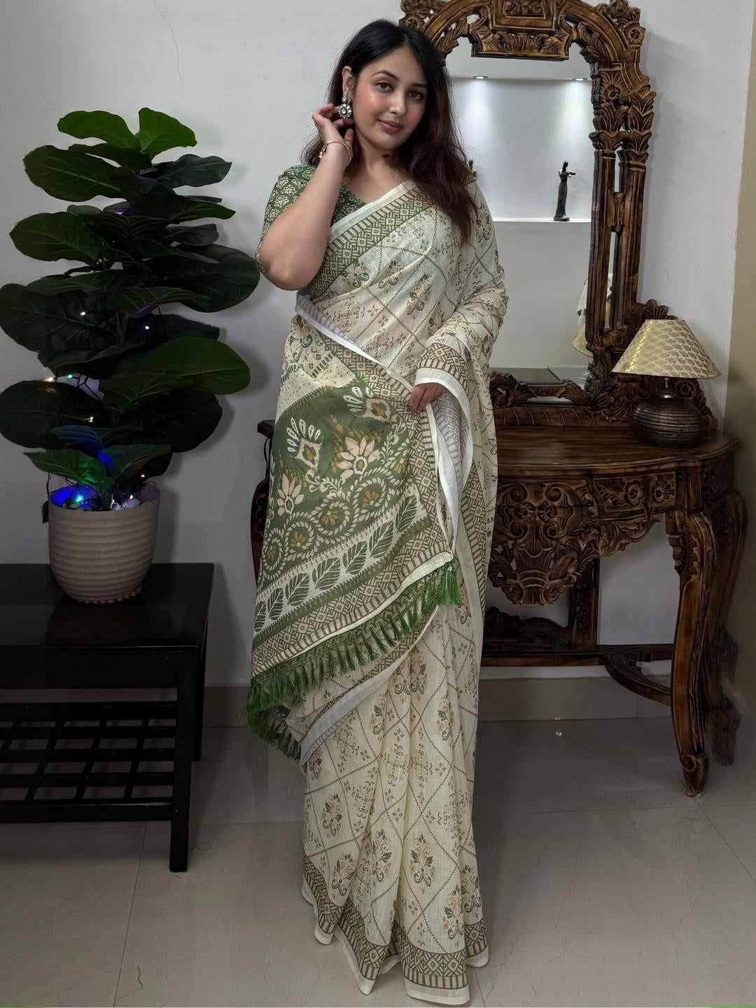 Ivory Olive Floral Linen Cotton Saree with Tasselled Pallu for Women