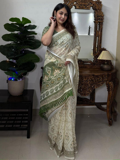 Ivory Olive Floral Linen Cotton Saree with Tasselled Pallu for Women