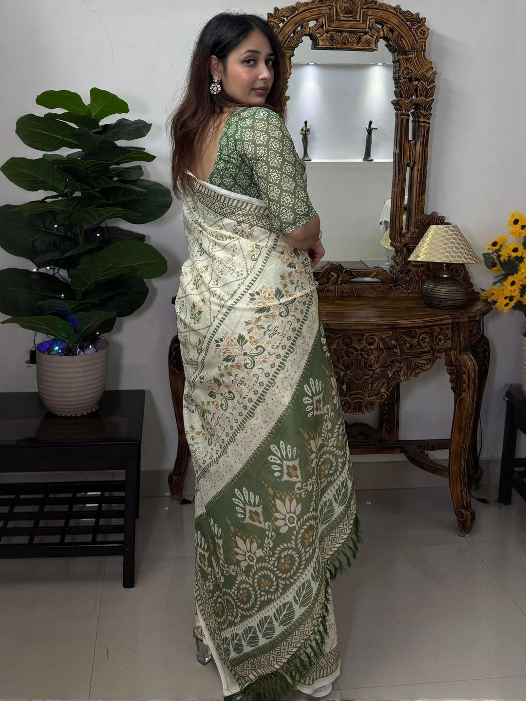 Ivory Olive Floral Linen Cotton Saree with Tasselled Pallu for Women