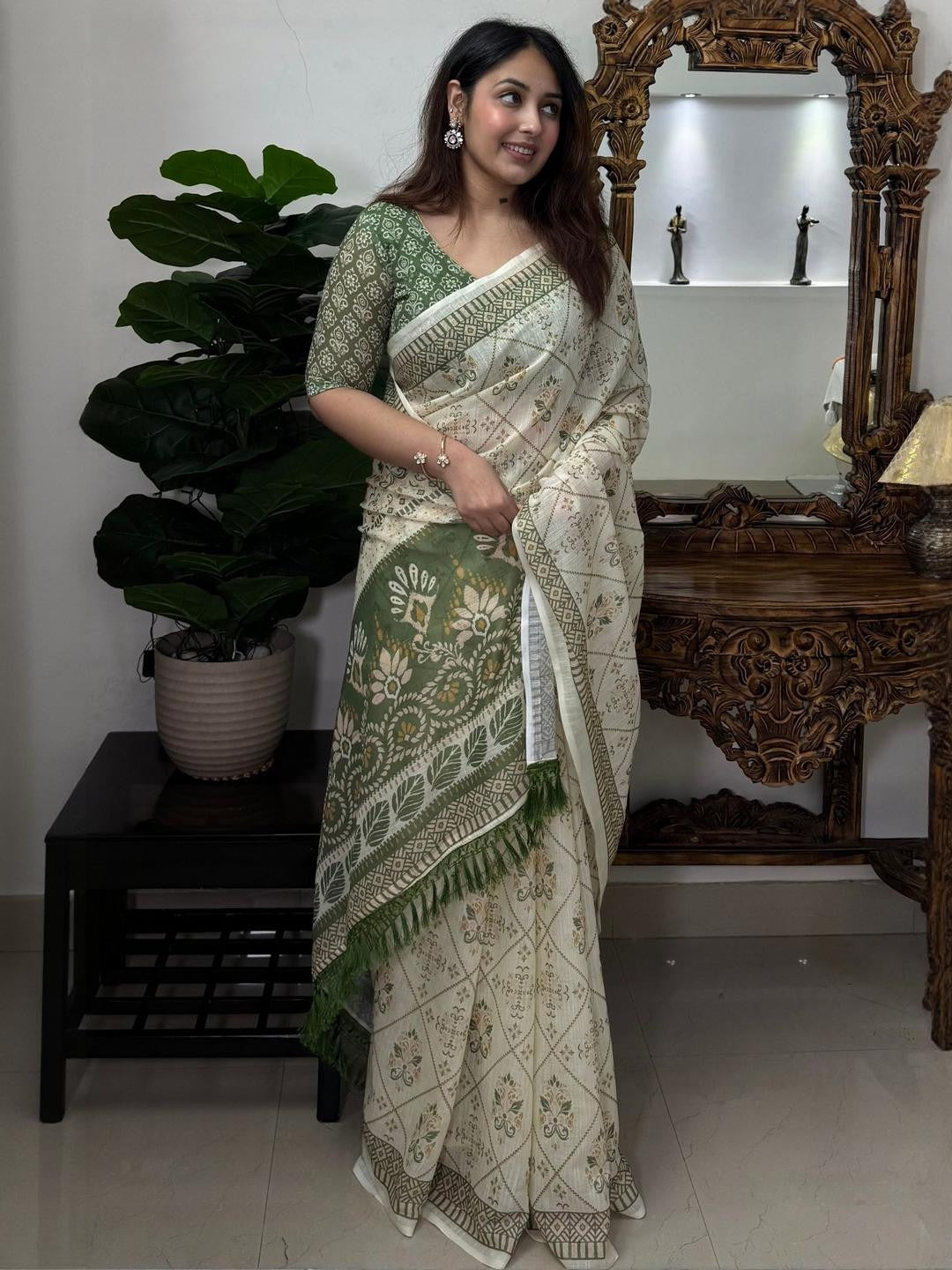 Ivory Olive Floral Linen Cotton Saree with Tasselled Pallu for Women