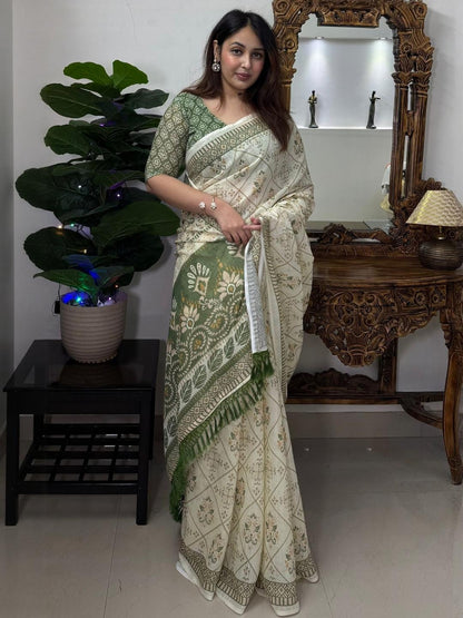 Ivory Olive Floral Linen Cotton Saree with Tasselled Pallu for Women