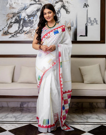 Multicolor Linen Cotton Floral Saree with Blouse for Women
