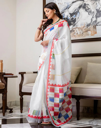 Multicolor Linen Cotton Floral Saree with Blouse for Women