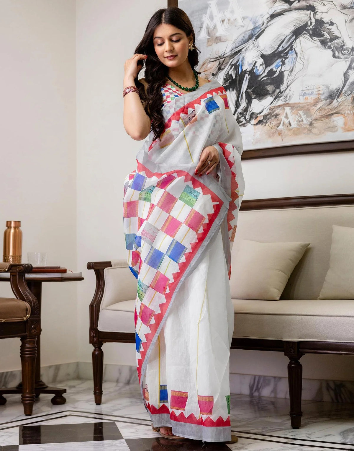 Multicolor Linen Cotton Floral Saree with Blouse for Women