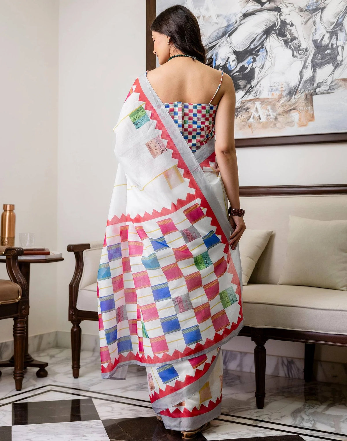 Multicolor Linen Cotton Floral Saree with Blouse for Women