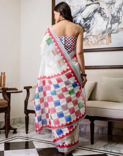 Multicolor Linen Cotton Floral Saree with Blouse for Women