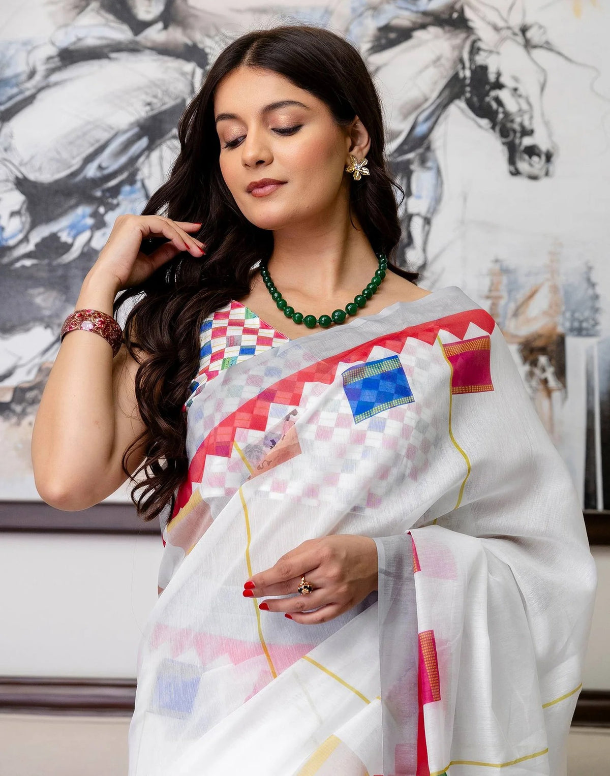 Multicolor Linen Cotton Floral Saree with Blouse for Women