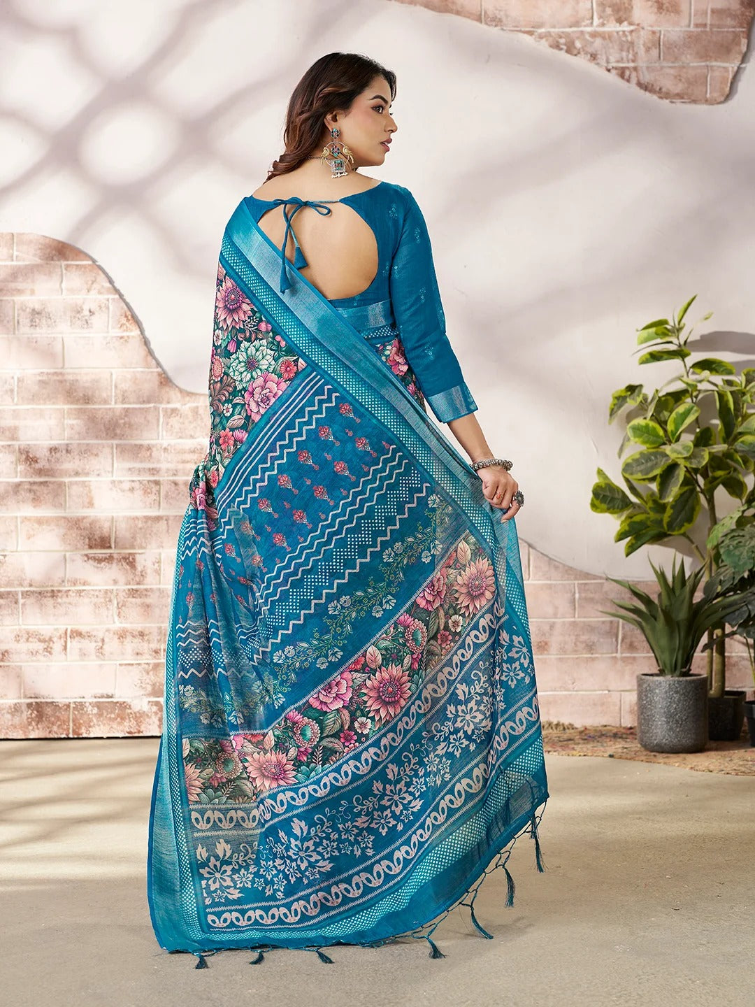 Blue Linen Cotton Floral Printed Saree With Contrast Border for Women
