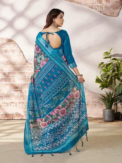 Blue Linen Cotton Floral Printed Saree With Contrast Border for Women