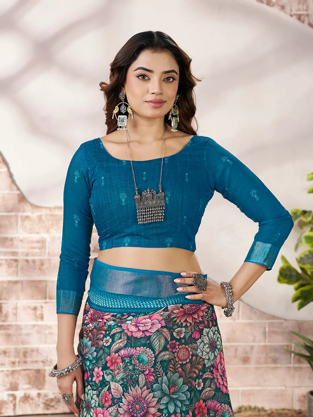 Blue Linen Cotton Floral Printed Saree With Contrast Border for Women