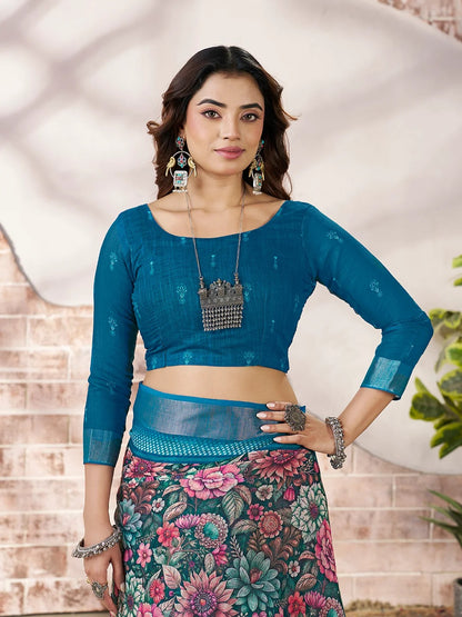 Blue Linen Cotton Floral Printed Saree With Contrast Border for Women