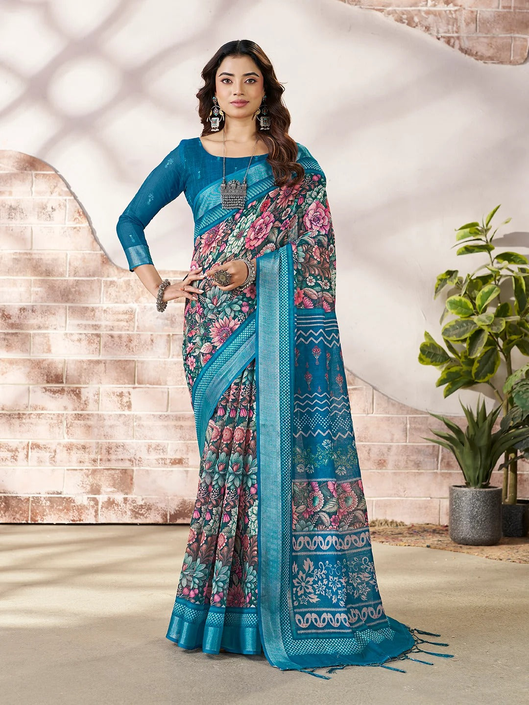 Blue Linen Cotton Floral Printed Saree With Contrast Border for Women