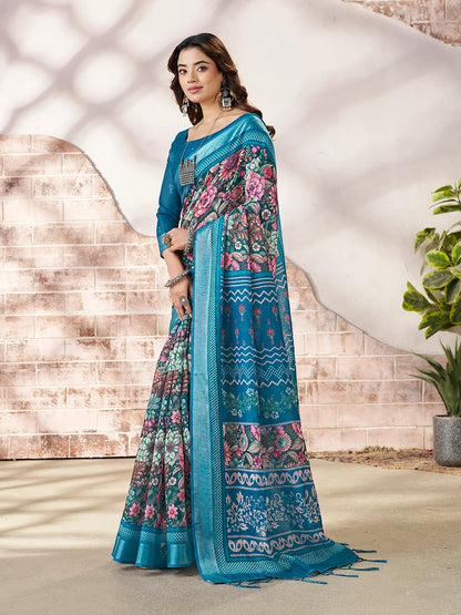 Blue Linen Cotton Floral Printed Saree With Contrast Border for Women