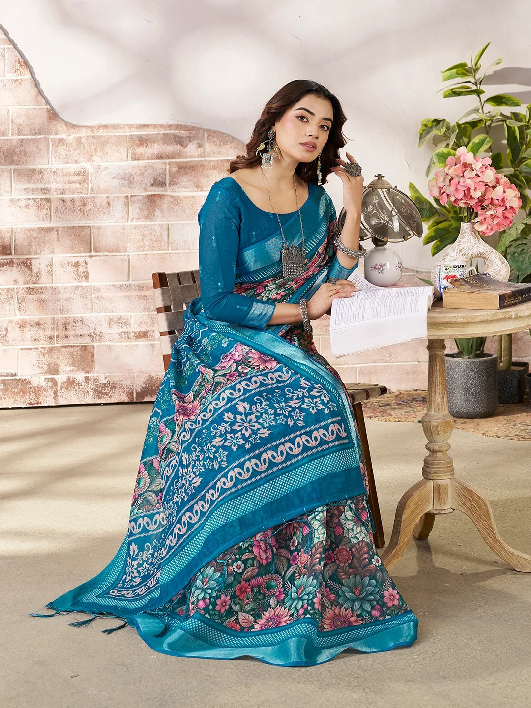Blue Linen Cotton Floral Printed Saree With Contrast Border for Women
