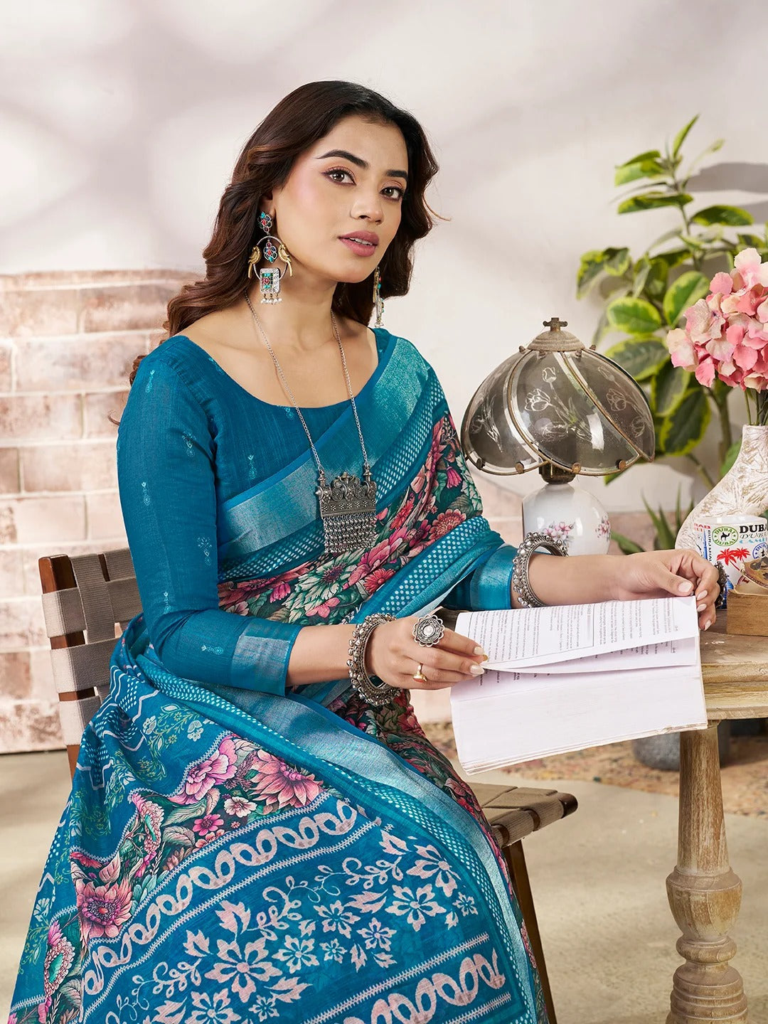 Blue Linen Cotton Floral Printed Saree With Contrast Border for Women