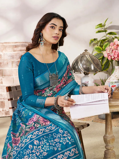 Blue Linen Cotton Floral Printed Saree With Contrast Border for Women