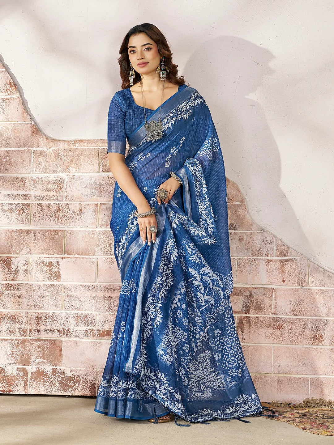 a Royal Blue Floral Linen Cotton Saree for Women