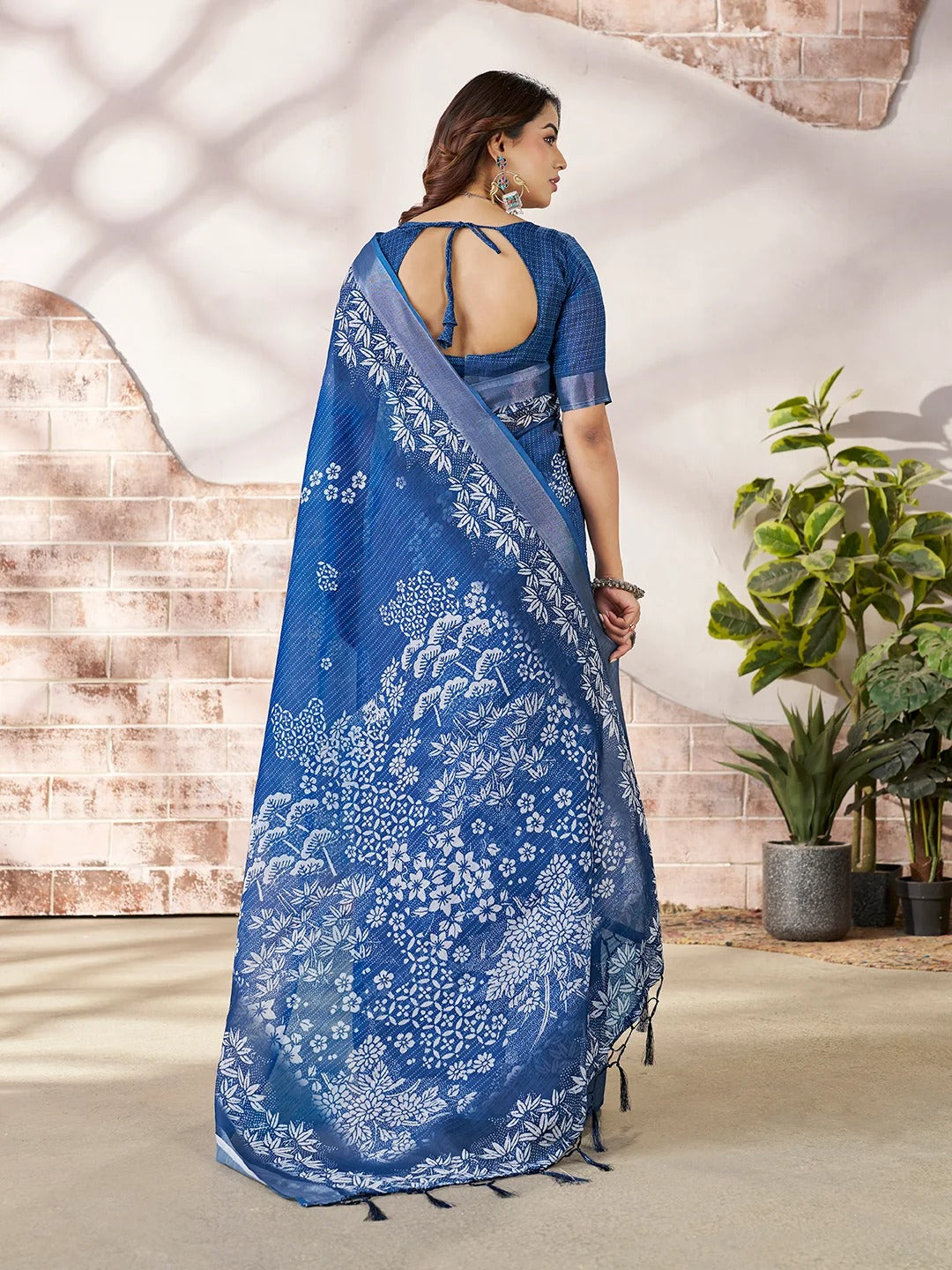 a Royal Blue Floral Linen Cotton Saree for Women