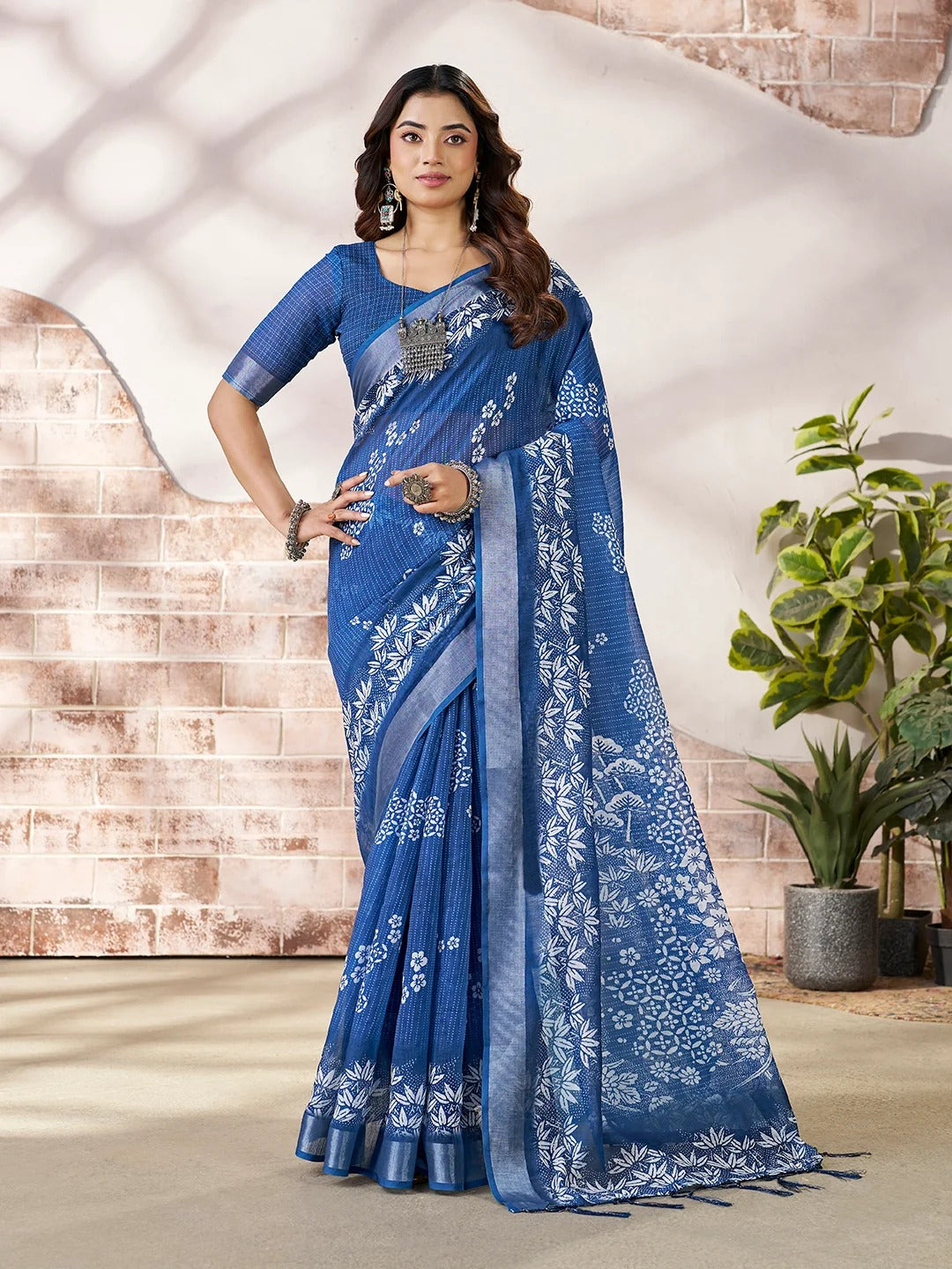 a Royal Blue Floral Linen Cotton Saree for Women